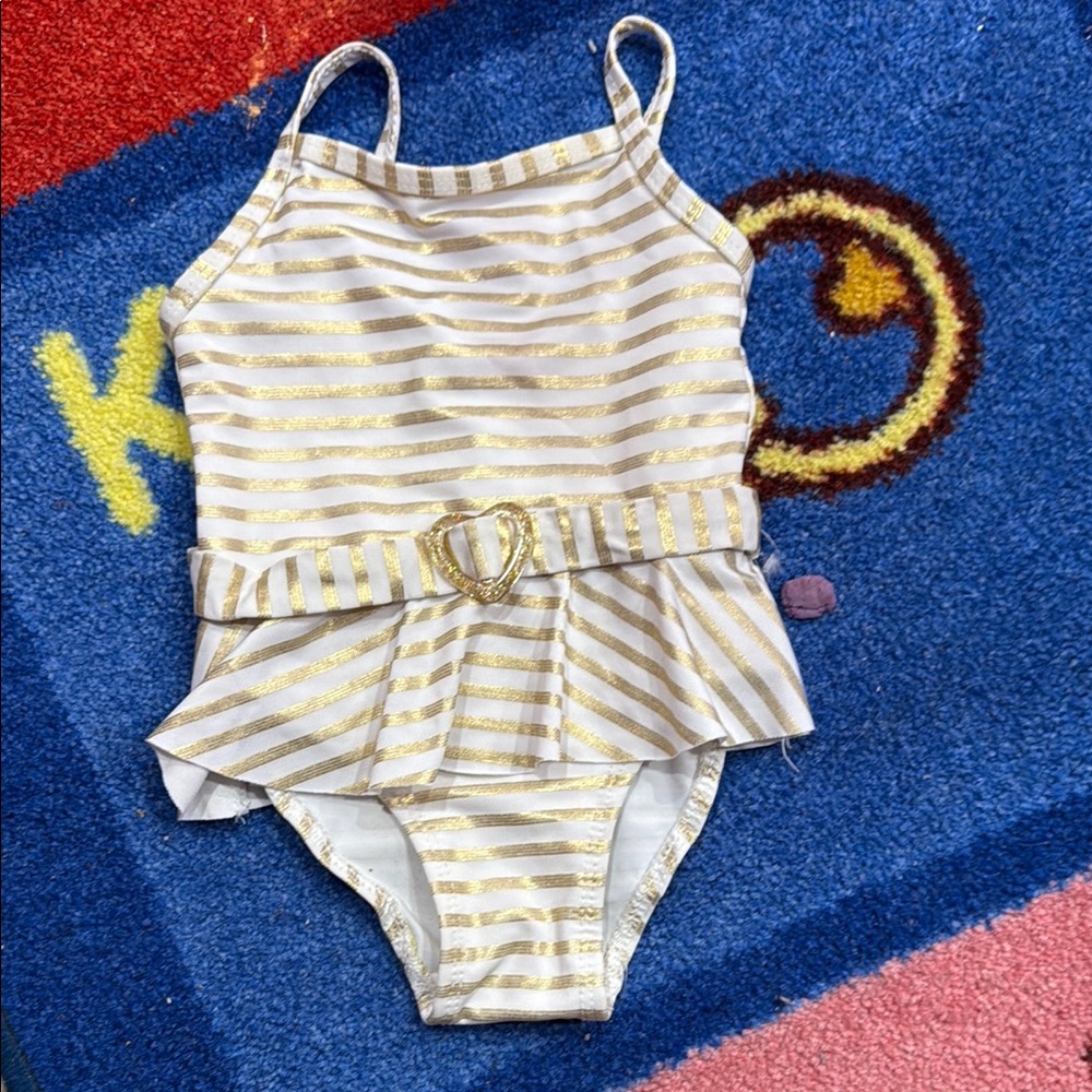 Gold and White Striped Swimsuit with Heart Buckle 12 months